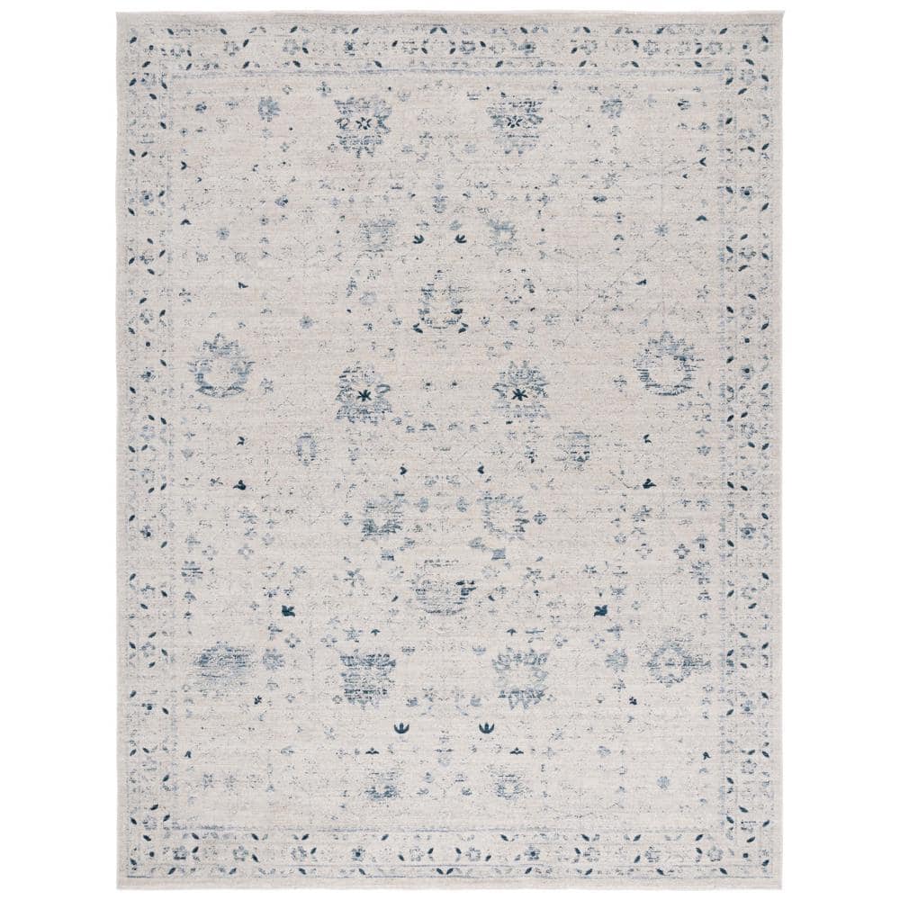 Ivory and Blue Distressed Polyester Area Rug 9' x 11'6"