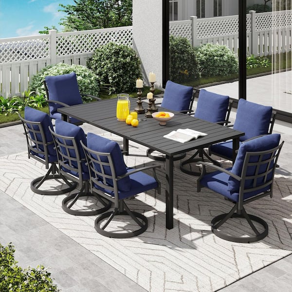 IvyGlow 9-Piece Black Metal Outdoor Dining Set with Rectangular Table, 8 Swivel Dining Chairs and Blue Cushions