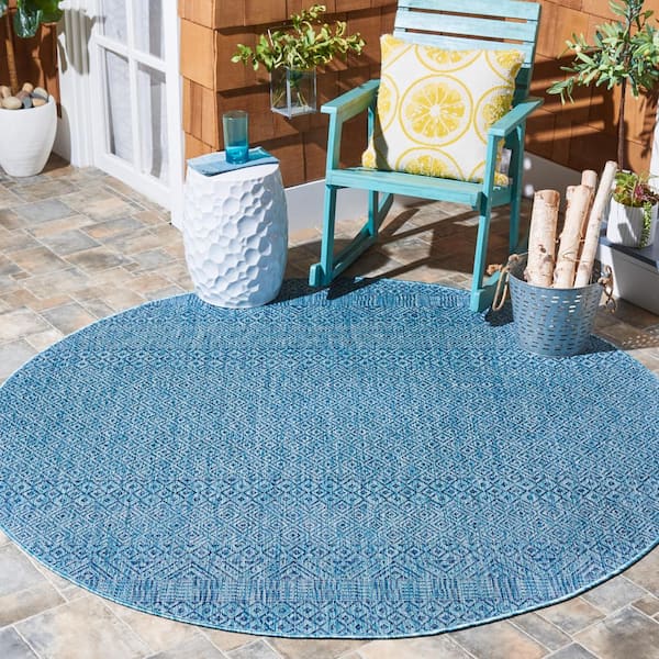 Courtyard Aqua/Navy 7 ft. x 7 ft. Geometric Diamond Indoor/Outdoor Round Area Rug