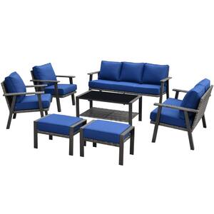 Walden Grey 7-Piece Wicker Metal Outdoor Patio Conversation Sofa Seating Set with Navy Blue Cushions
