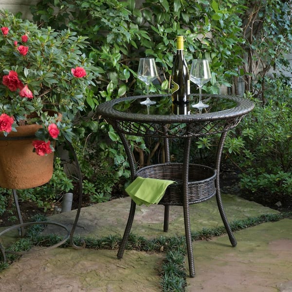 wayofatry 27.5 in. Outdoor Bistro Side Table with Tempered Glass Table Top in Brown