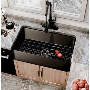 Fireclay 33 in. Single Bowl Farmhouse Apron Kitchen Sink with Pull Down Kitchen Faucet and Accessories