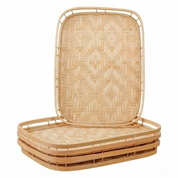 4-Pack Rectangular Handwoven Bamboo Wicker Serving Trays with Handles, 16.93 in. L x 12.99 in. W, Unit