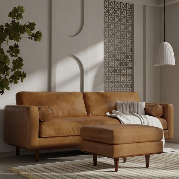Simpli Home Morrison 89 in. Straight Arm Genuine Leather Rectangle