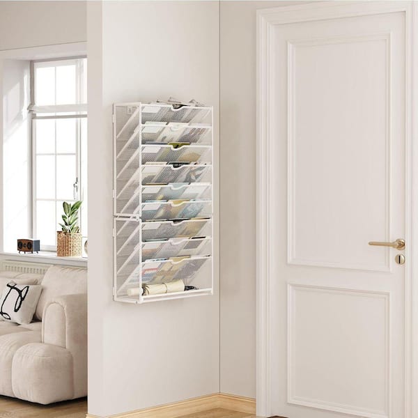 10 Tier Hanging Metal Wall File Folders Organizer White Mesh Paper