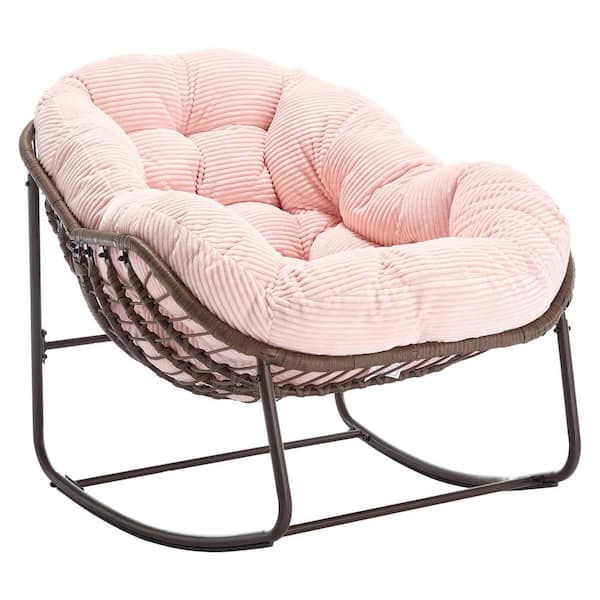 Hand-Woven Wicker Outdoor Rocking Chair with Padded Cushion in Pink