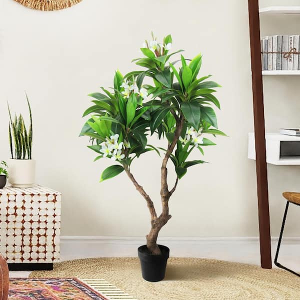LIVING LUXURY 4.75 ft. Real Touch Cream White Artificial Plumeria Tree Tropical Plant in Pot