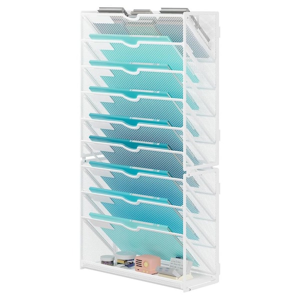 10 Tier Hanging Wall File Folders Organizer, White Metal Mesh Paper Magazine Mail Holder File Organizer