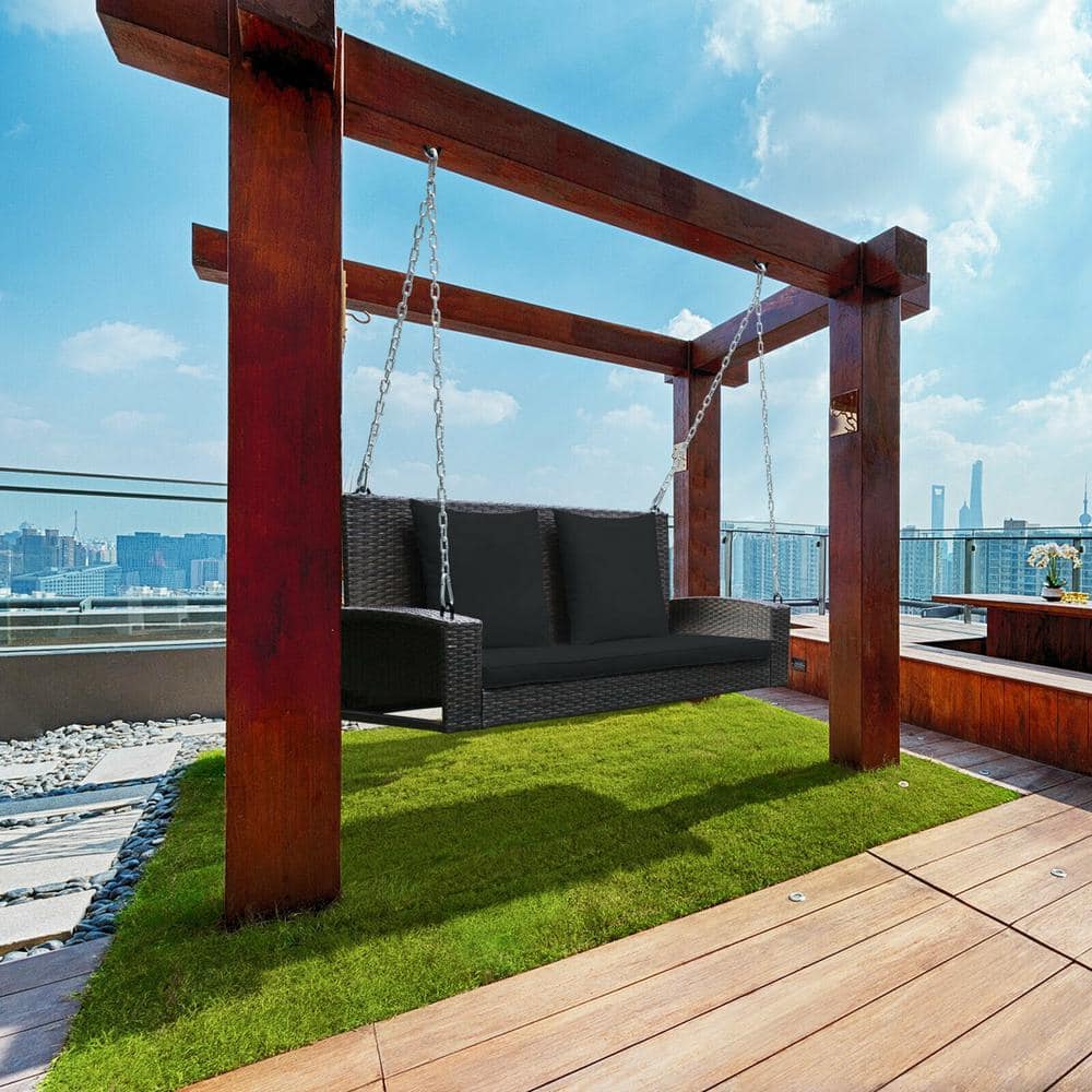 Black Wicker 2-Person Patio Swing with Cushions