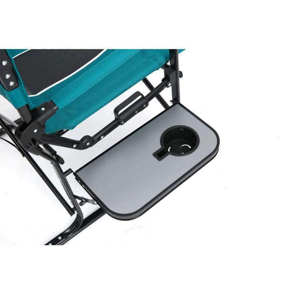 Close-up of the folding chair seat and side table assembly.
