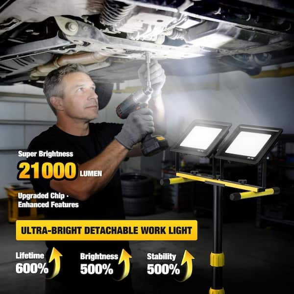 110V 2-Head LED Work Light with Adjustable Tripod Stand 21000 Lumens and 16.5 ft. Cord for Jobsite and Garage