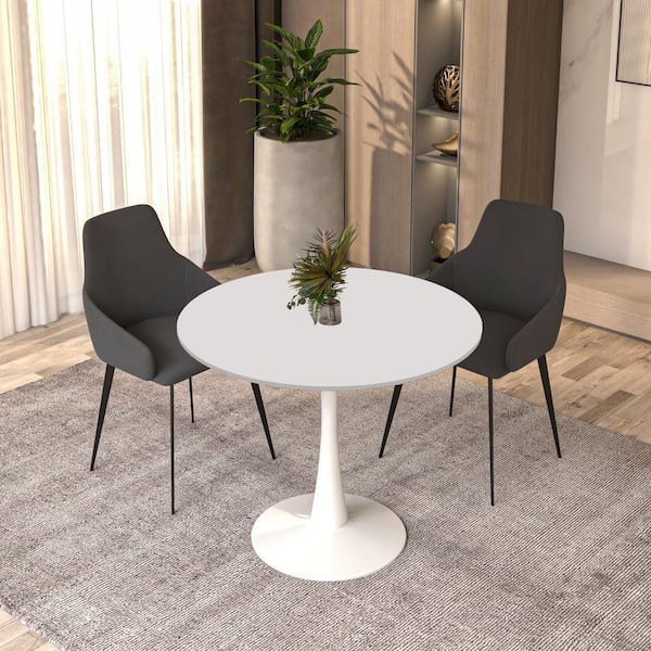 Leisuremod Bristol Mid-Century Modern White Wood 35.43 in. Stainless Steel Pedestal Base Dining Table Seats 4