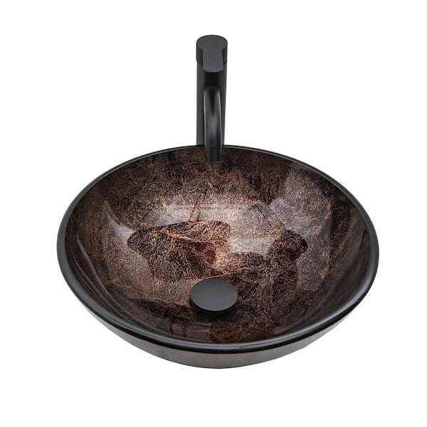 16 in. Brown Oval Tempered Glass Vessel Bathroom Sink with Faucet and Pop-up Drain