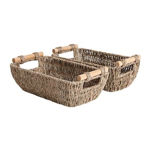 Small Wicker Baskets, Handwoven Baskets for Storage, Seagrass Rattan Baskets with Wooden Handles, 2-Pack