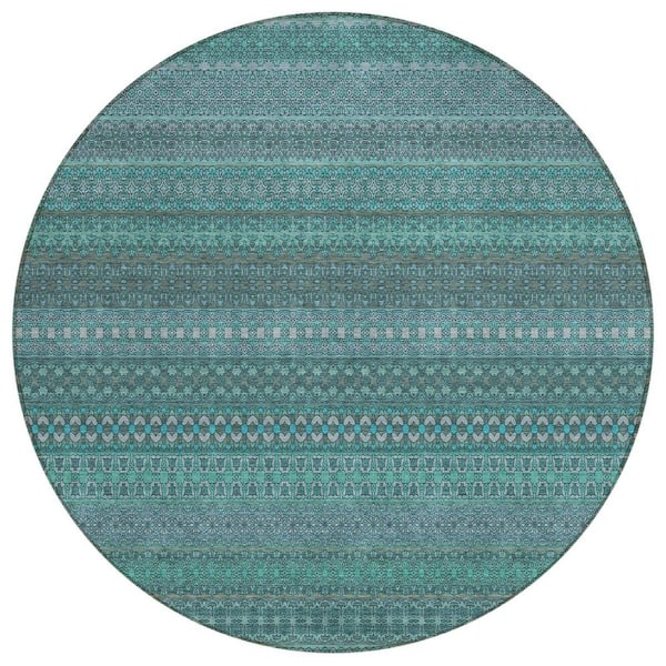 HomeRoots Turquoise 8 ft. Round Woven Striped Polyester Round Indoor ...