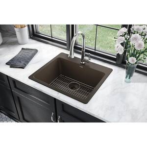 Quartz Classic Mocha Quartz 25 in. Single Bowl Drop-In Kitchen Sink with Faucet, Bottom Grid and Drain
