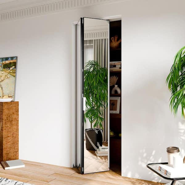 36 in. x 80 in., Mirrored Glass, Black, Hollow Core, MDF, Aluminum Frame, Full Lite Bi-fold Doors with Hardware Kits