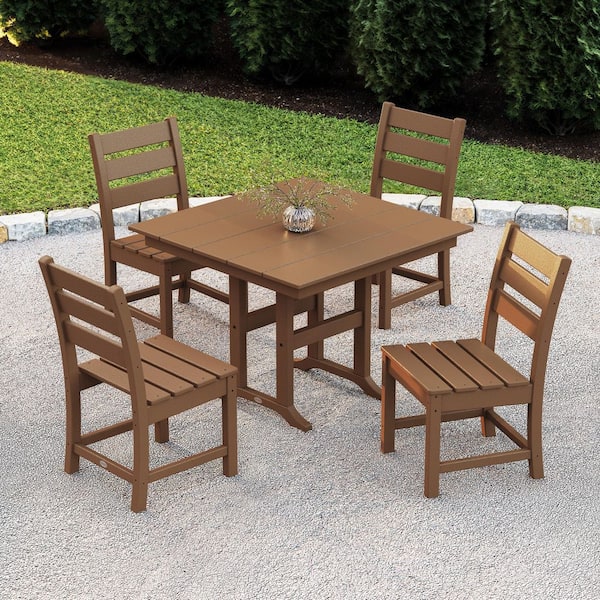 POLYWOOD Grant Park Teak 5-Piece Plastic Side Chair Outdoor Dining Set