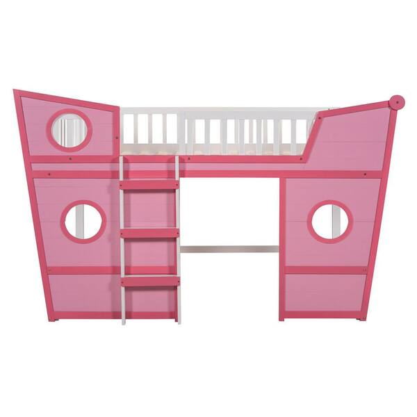 URTR Pink Twin Size Boat Shape Loft Bed with Ladder and Guardrail, Boat Design Wood Loft Bed Frame for Kids Boys Girls