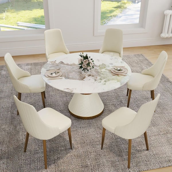 53 in. Pandora Sintered Stone Round Top Pedestal White Metal Base Dining Table (Seats 6)