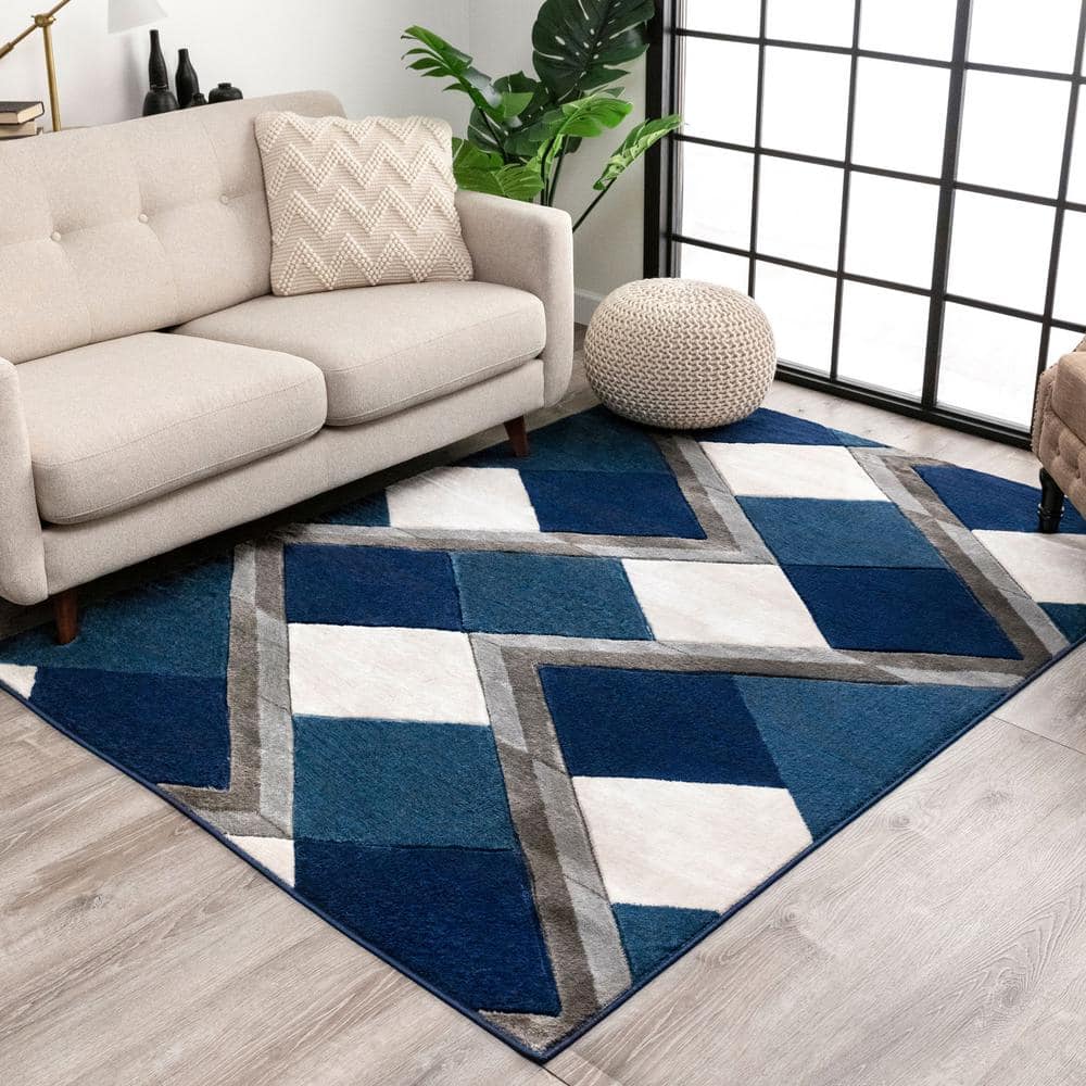 Modern Geometric Blue Synthetic 5' x 7' Easy-Care Area Rug