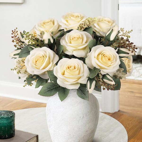 LIVING LUXURY 18 in. Cream Ivory Artificial Rustic Rose Flower Stem ...