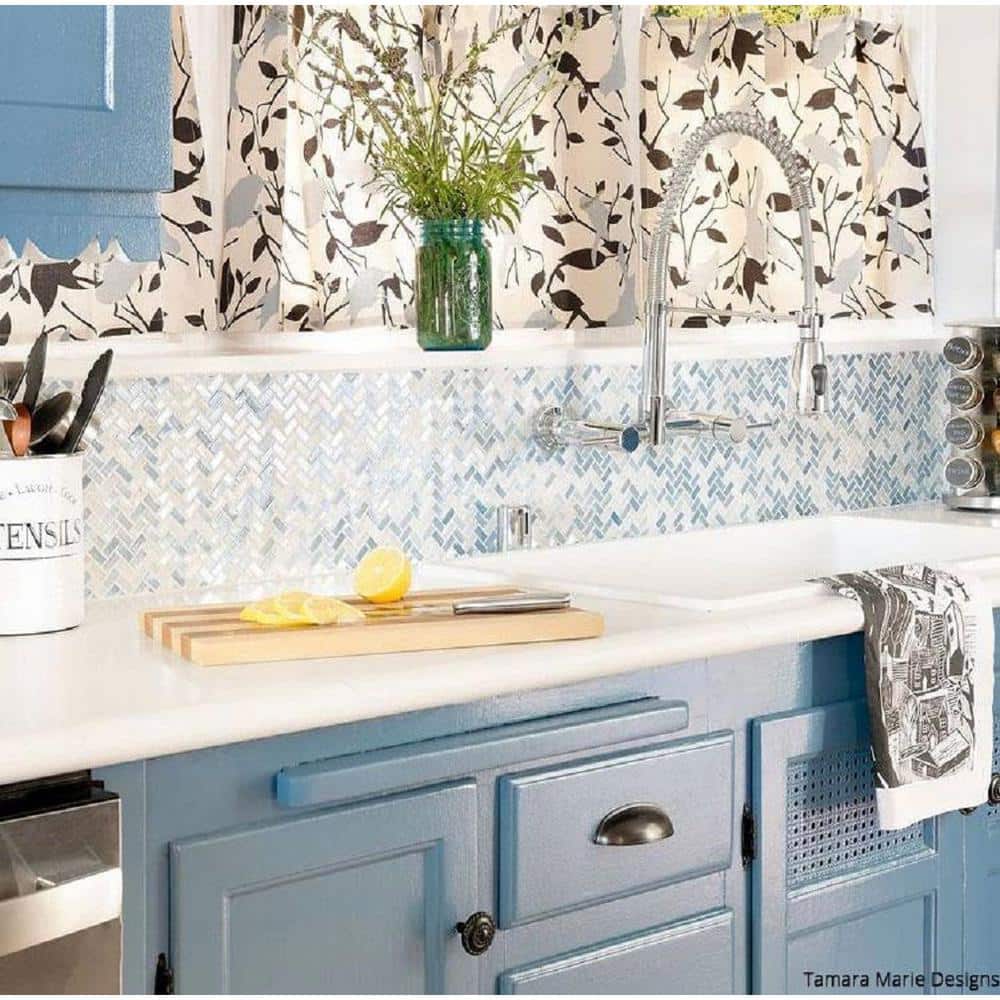 Blue Herringbone Glossy Glass Mosaic Tile for Walls and Floors
