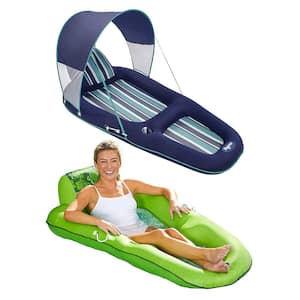 Blue and Light Green Inflatable Pool Lounger with Canopy and Luxury Recliner with Headrest