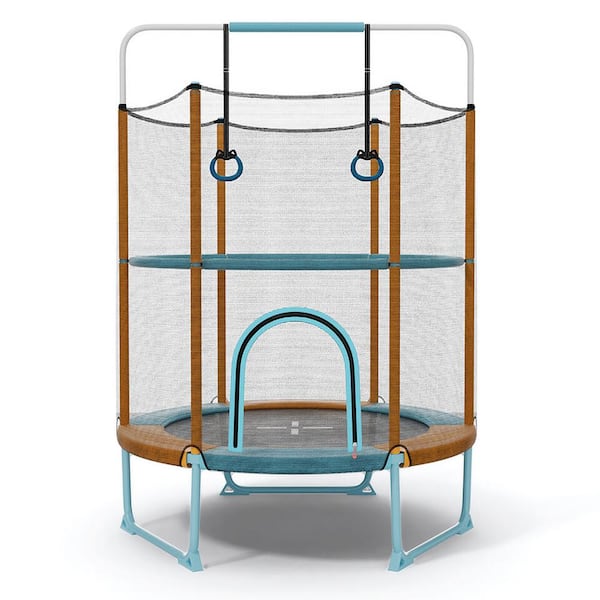 60 in. Trampoline for Kids with Gymnastic Bar Rings Foamed Handle No Gap Design Blue & Orange