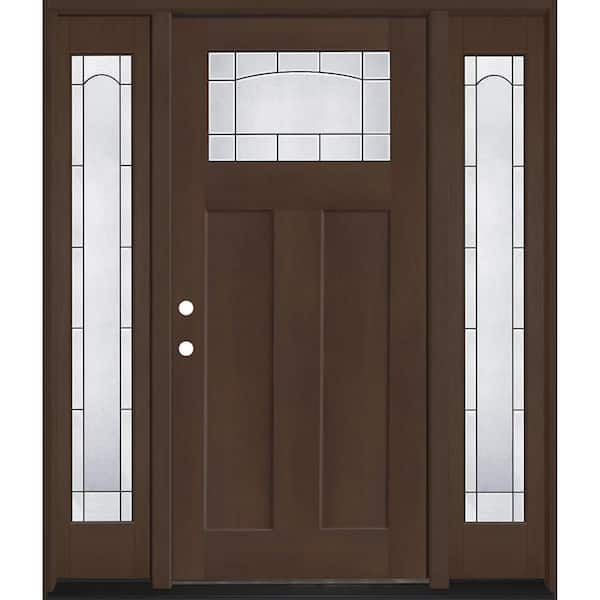 Regency 68 in. x 80in. 1/4 TopL Empire Glass RHIS Hickory Mahogany Fiberglass Prehung Front Door w/14in.-Full SLs 4-9/16