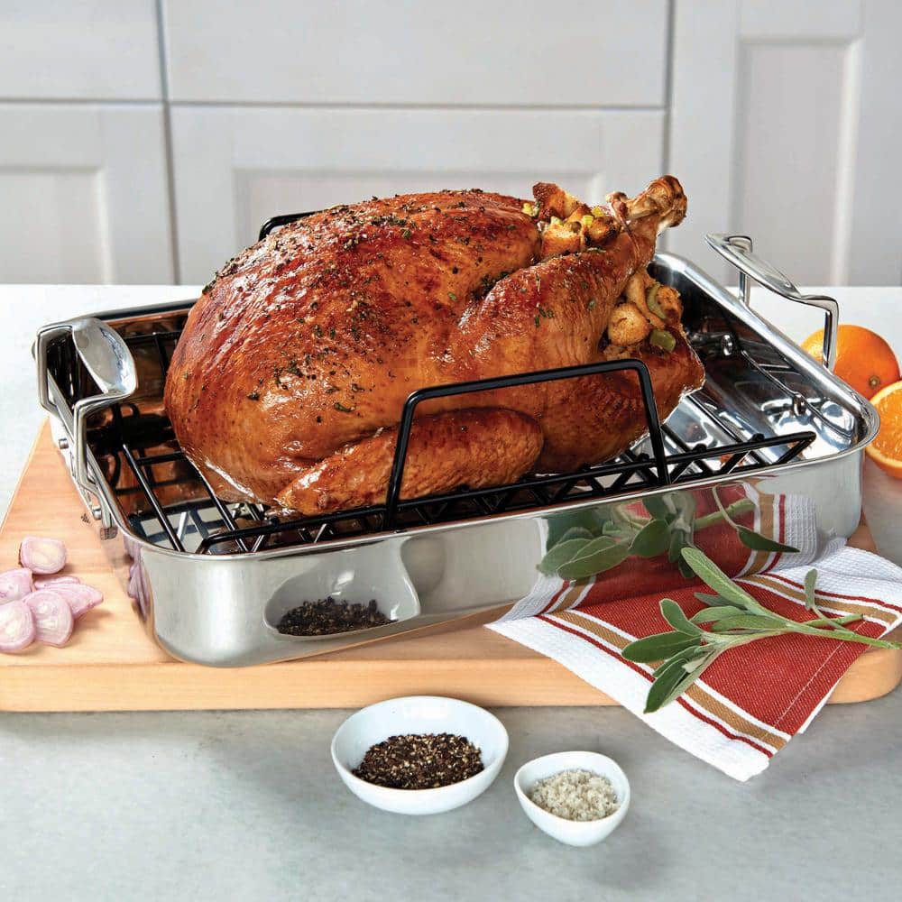 Silver Steel Nonstick Roasting Pan with Rack and Handles