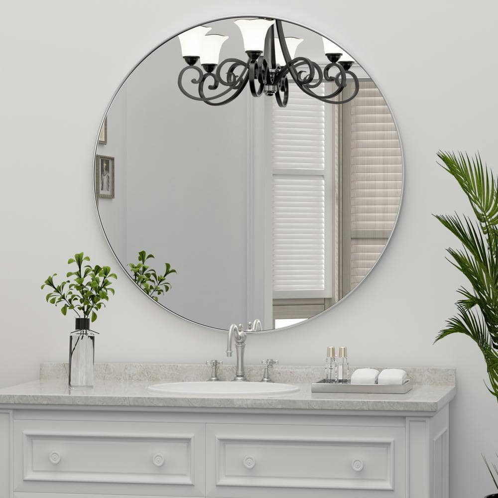 Polished Stainless Steel Round Vanity Mirror with Shelf