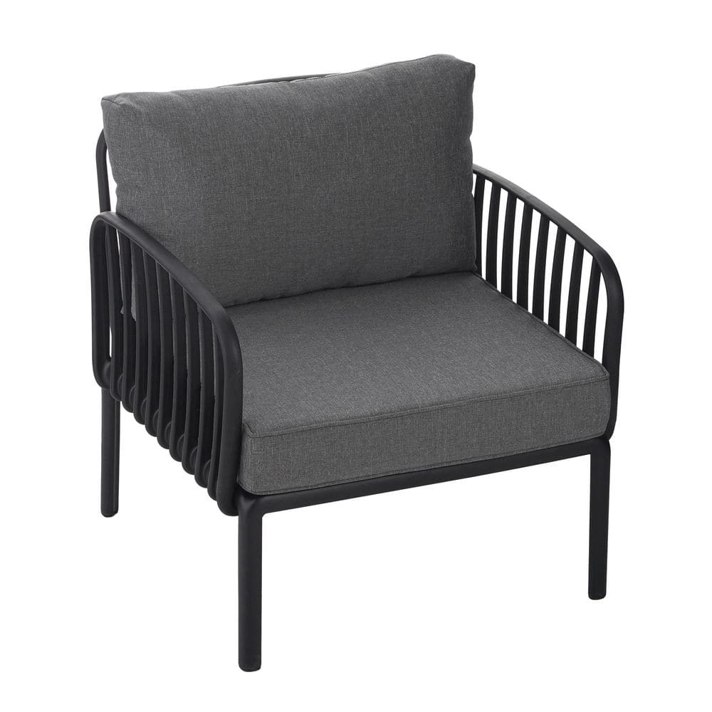 Modern Classic Black Plastic Outdoor Lounge Chair with Gray Cushion Thick D