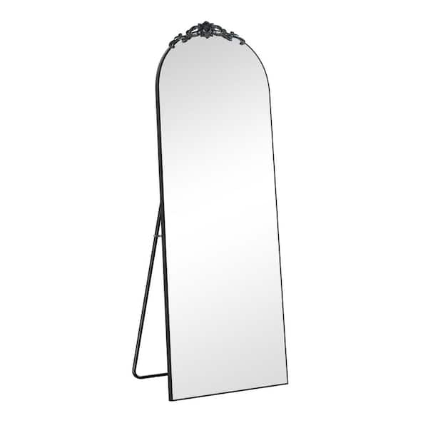 Unbranded Black 25 in. W x 63 in. H Wooden Right-Angled Arched Mirror with Stand for Living Room
