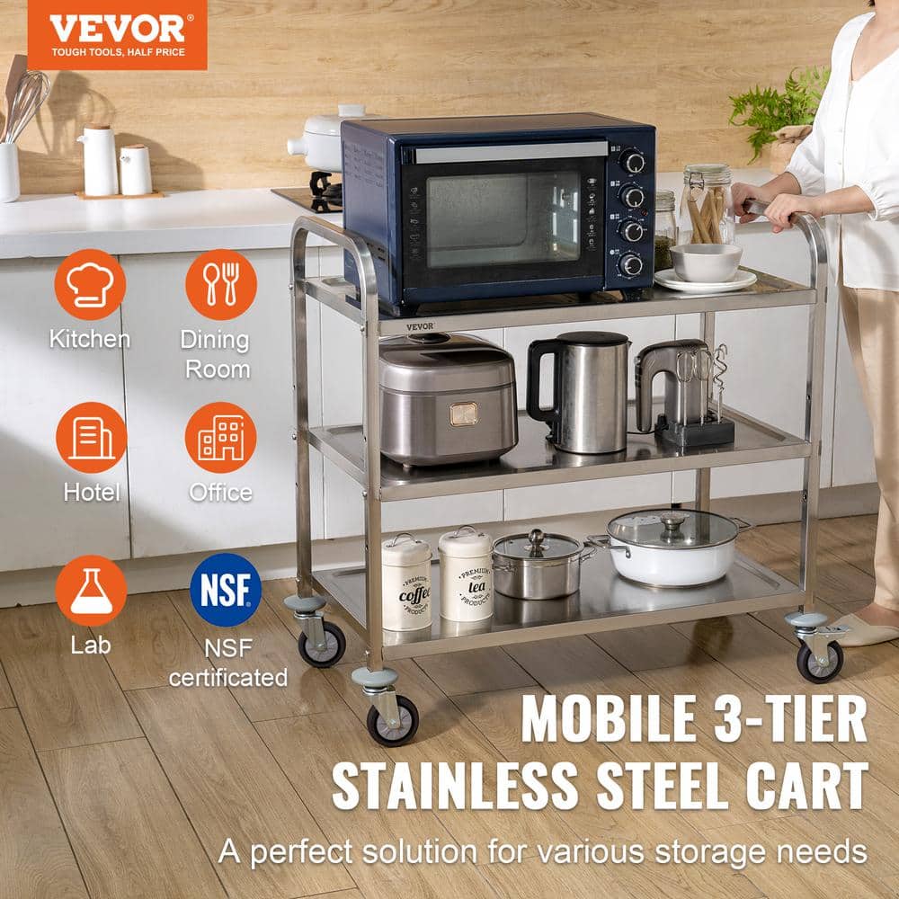Silver 3-Tier Stainless Steel Rolling Utility Cart