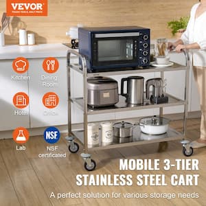 Utility Cart, Kitchen Cart 37.5 in. x 19.7 in. x 37.7 in. Wire Rolling Cart 3-Tiers Steel Cart with Brake Wheels/ Sliver