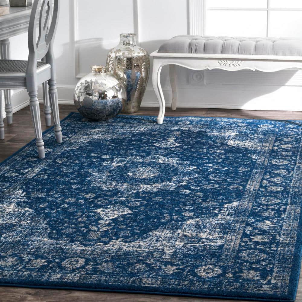 Dark Blue Medallion Synthetic Square Area Rug 8' x 8'