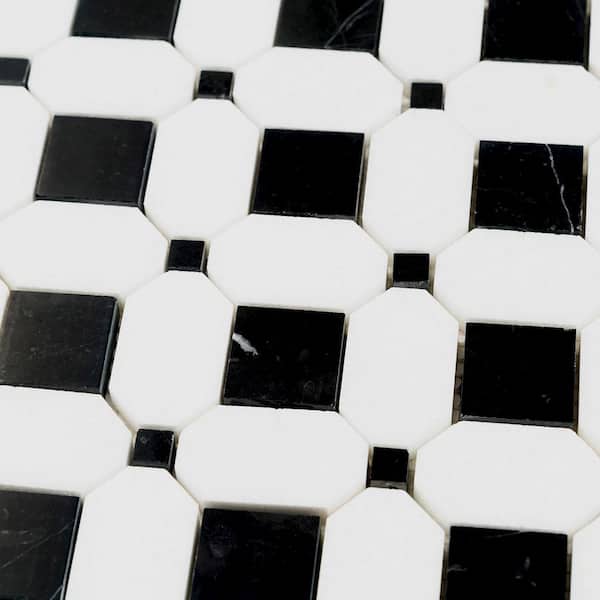 Noir Luxe 4 in. x 5 in. Polished Black, White Marble Mosaic Octagon Wall and Floor Tile Sample