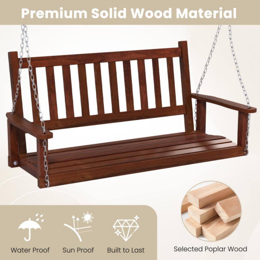 Brown Poplar Wood 3-Person Outdoor Porch Swing with Metal Chains