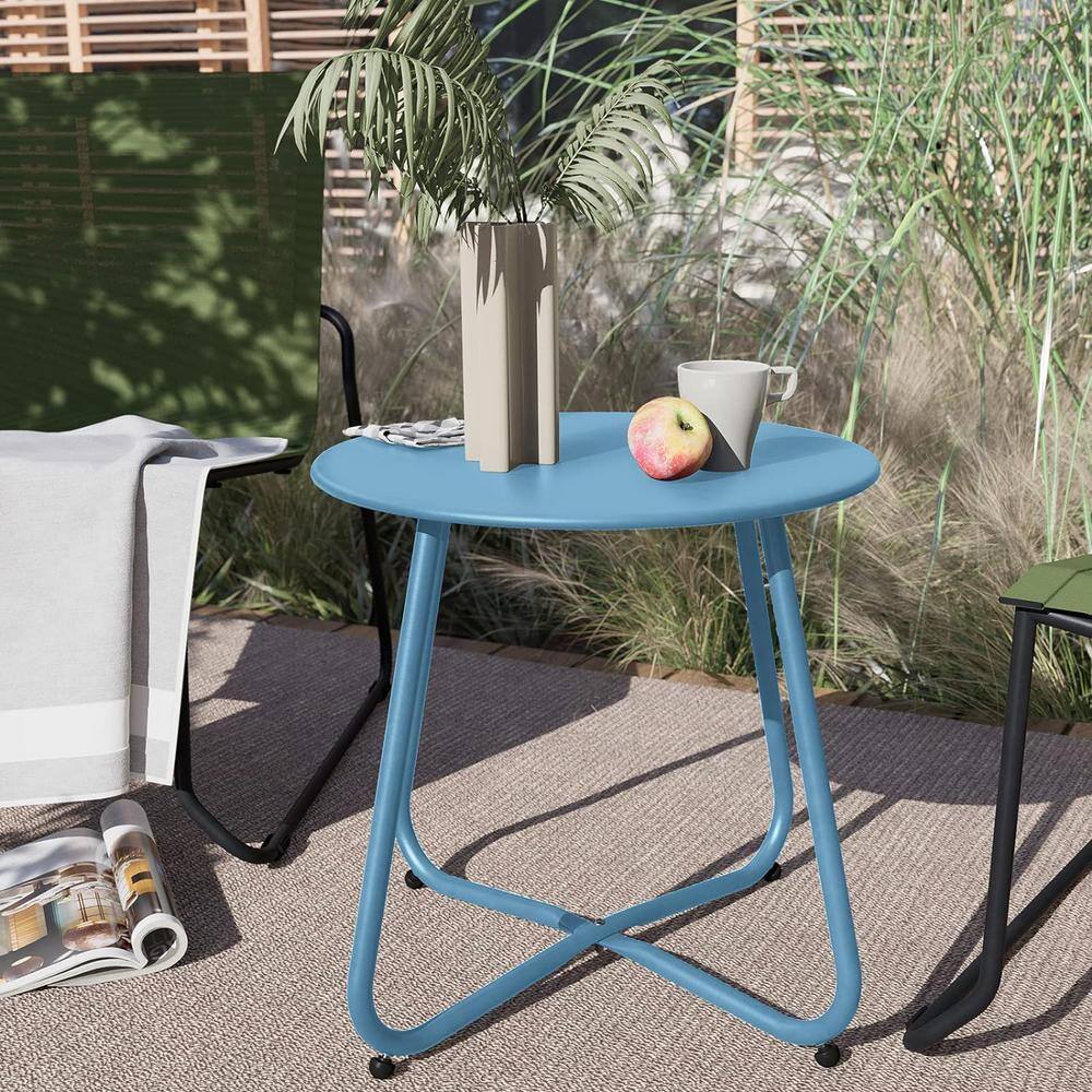 Large Blue Round Steel Outdoor End Table