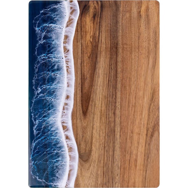 Ocean Resin and Acacia Wood Charcuterie Board 14.6 x 9.8 in. Hand-Poured Blue Wave Pattern Cheese Tray