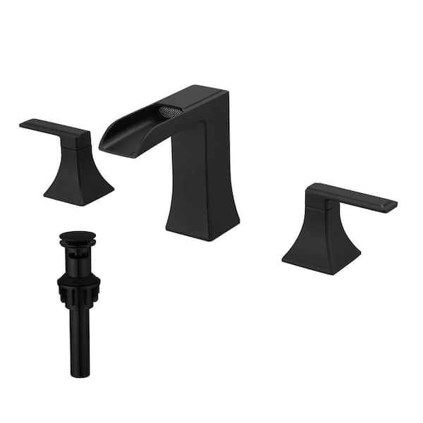 AIMADI 8 in. Widespread Double Handle Bathroom Faucet with Drain Assembly 3 Hole Waterfall Bathroom Basin Taps in Matte Black