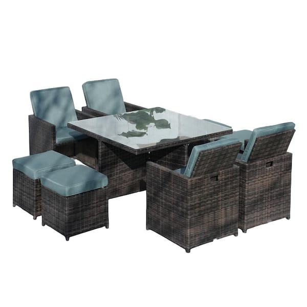 DIRECT WICKER Option Brown 9 of Piece Wicker Square Outdoor Dining Set with Celadon Cushions