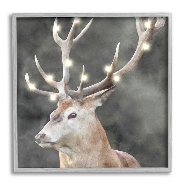 Stupell Industries Holiday Lights on Antlers by LSR Design Studio 1-Piece Framed Graphic Print Animal Poster Art Print 17 in. x 17 in.