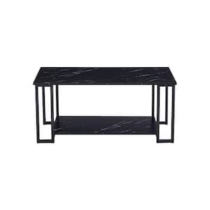 39.37 inch. Modern Marble MDF Black Tabletop Rectangular Double-Decker Coffee Table in Black Metal Frame of Living Room