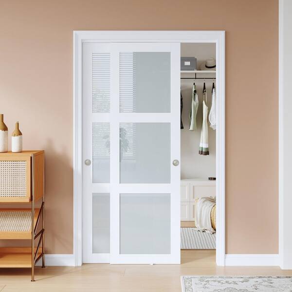 easelife 48 in. x 80 in. 3 Lites Frosted Glass Preassembled White MDF