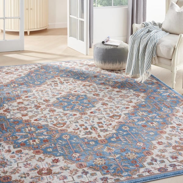 Elation Ivory Blue 8 ft. x 10 ft. Center Medallion Traditional Area Rug