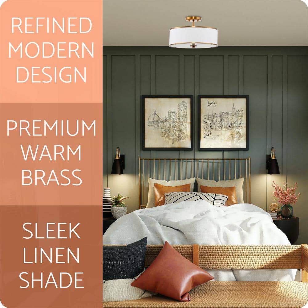 Chloe 15" Modern White Fabric Drum Ceiling Light with Warm Brass Trim