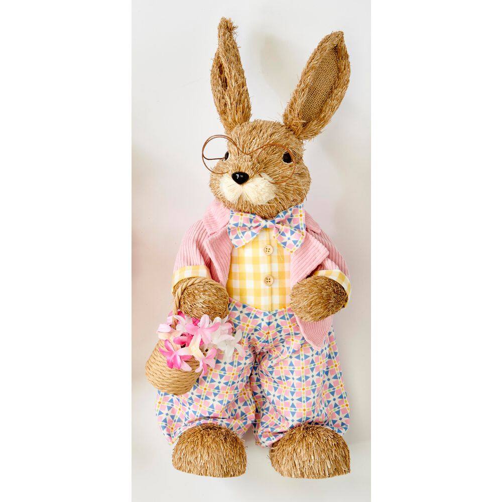 20 in Easter Tabletop Natural Sisal Standing Bunny Holding Basket of Flower