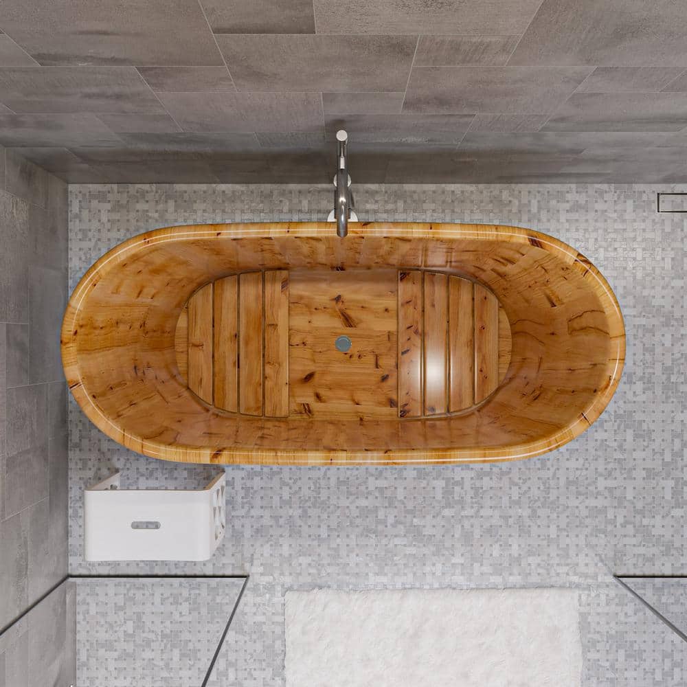 63'' Natural Cedar Freestanding Soaking Bathtub with Iron Wraps